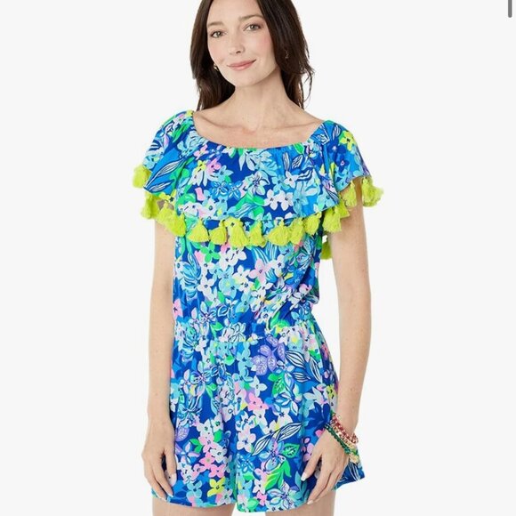 Lily Pulitzer Womans Summer La Fortuna Borealis Blue Social Sunset Romper Sz XL - Picture 1 of 10